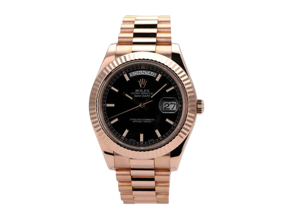 Rolex Day-Date II 218235 in Everose-Gold mit schwarzem Zifferblatt und Präsidentenarmband, 41 mm.