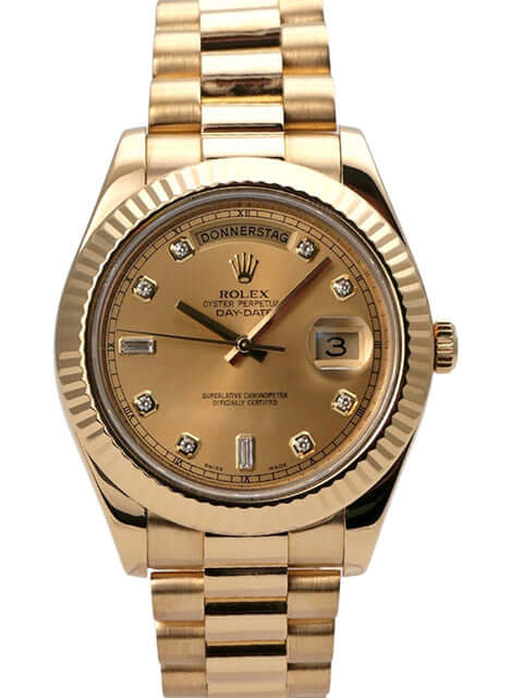 Rolex Day-Date II 218238 Gelbgold Champagner Diamant - Detailansicht des Zifferblatts mit aufgesetzten Diamanten.