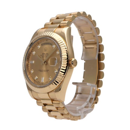 Rolex Day-Date II 218238 Gelbgold Champagner Diamant - Blick auf das Präsidenten Armband aus 18 kt Gelbgold.