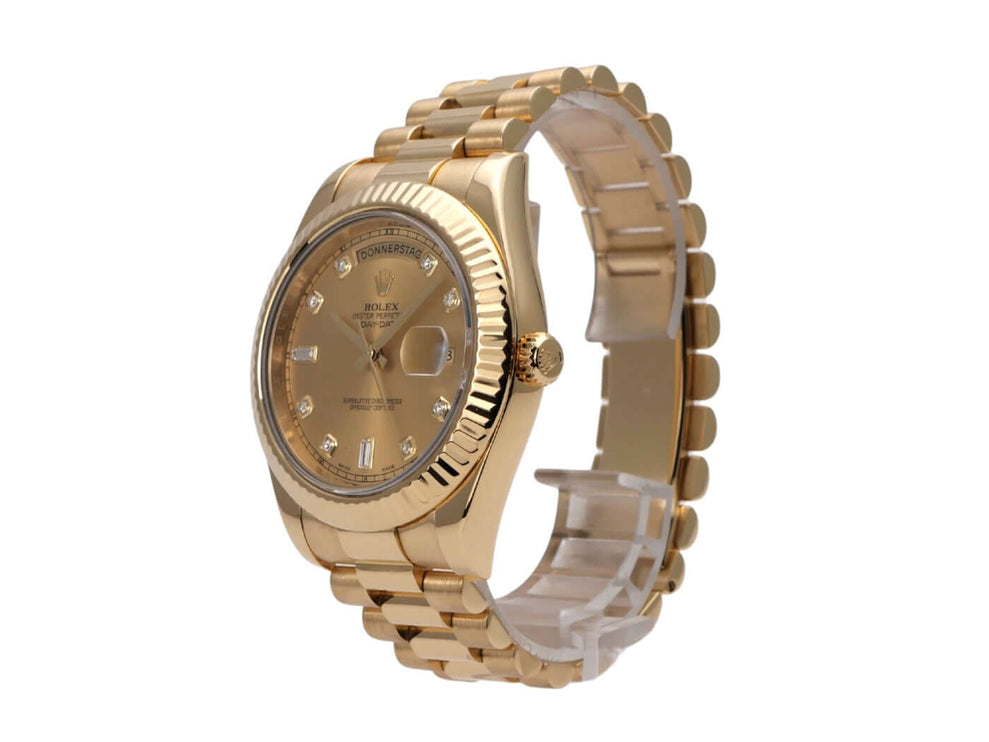 Rolex Day-Date II 218238 Gelbgold Champagner Diamant - Blick auf das Präsidenten Armband aus 18 kt Gelbgold.