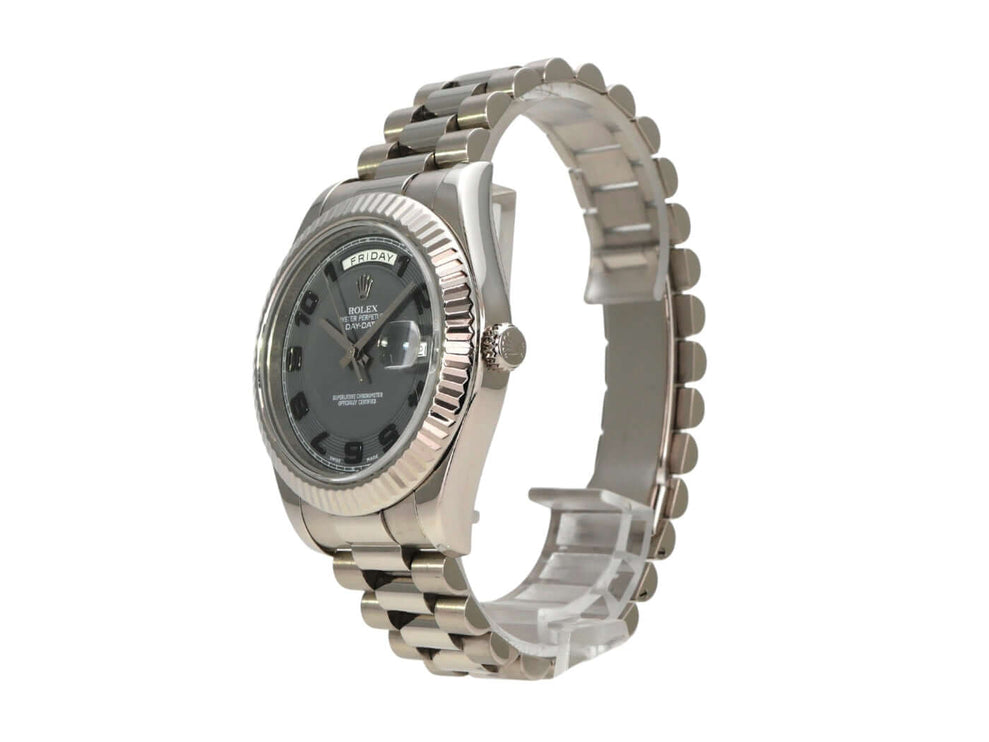 Rolex Day-Date II 218239 Weißgold Grau Arabisch seitlich mit grauem Zifferblatt und Präsident Armband.