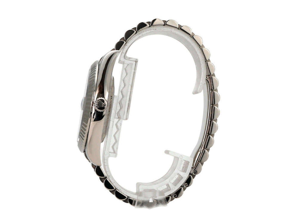 Rolex Day-Date II 218239 Weißgold Grau Arabisch seitliche Ansicht mit poliertem Gehäuse und Präsident Armband.