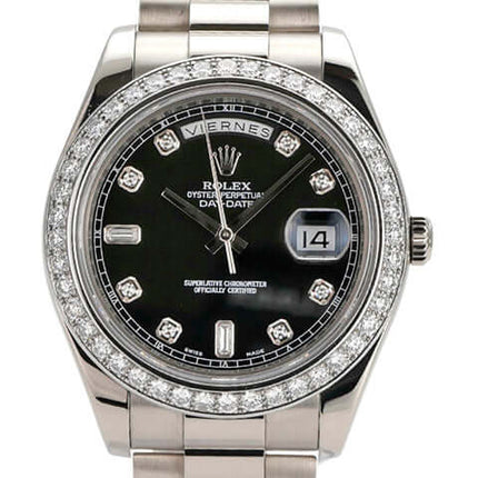 Rolex Day-Date II 218239 in Weißgold mit schwarzem Zifferblatt und Diamanten, Automatikwerk und Präsident Armband.