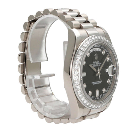 Rolex Day-Date II 218239 in Weißgold mit schwarzem Zifferblatt und Diamanten, 41mm Gehäuse, Präsident Armband.