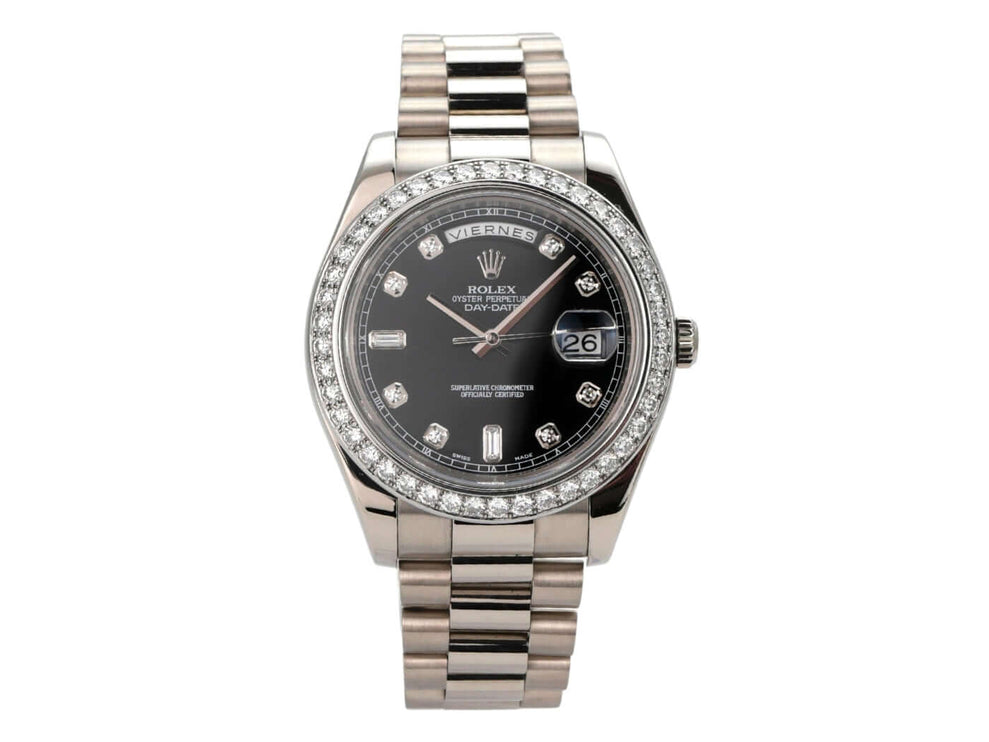 Rolex Day-Date II 218239 Weißgold Schwarz Diamant mit Diamantlünette und schwarzem Zifferblatt