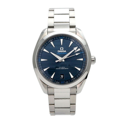 Omega Seamaster Aqua Terra Master Chronometer 220.10.41.21.03.001 mit blauem Zifferblatt und Edelstahlarmband.