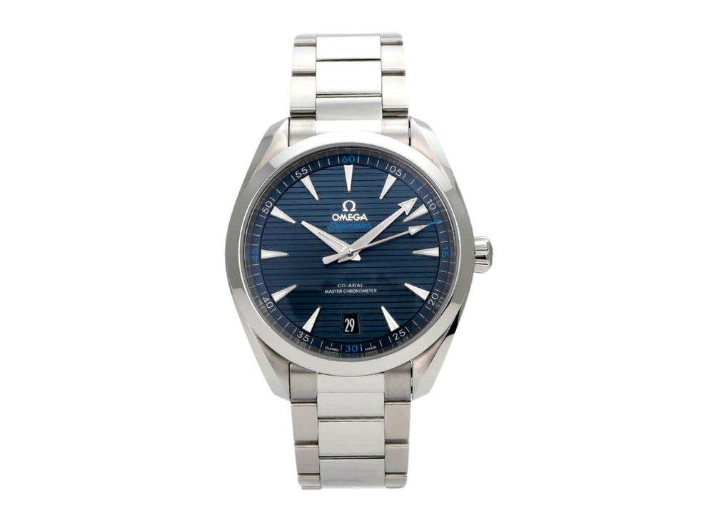 Omega Seamaster Aqua Terra Master Chronometer 220.10.41.21.03.001 mit blauem Zifferblatt und Edelstahlarmband.