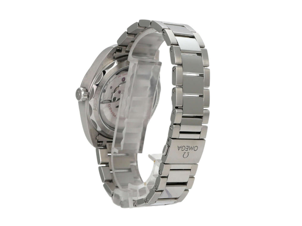 Omega Seamaster Aqua Terra 220.10.41.21.03.001, Edelstahlgehäuse und Armband, Automatik-Uhrwerk von der Seite.