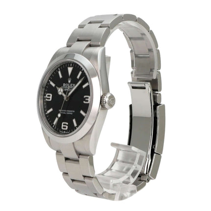 Rolex Explorer 40 Edelstahl 224270, schwarze Zifferblattansicht, Edelstahlarmband und Automatikwerk