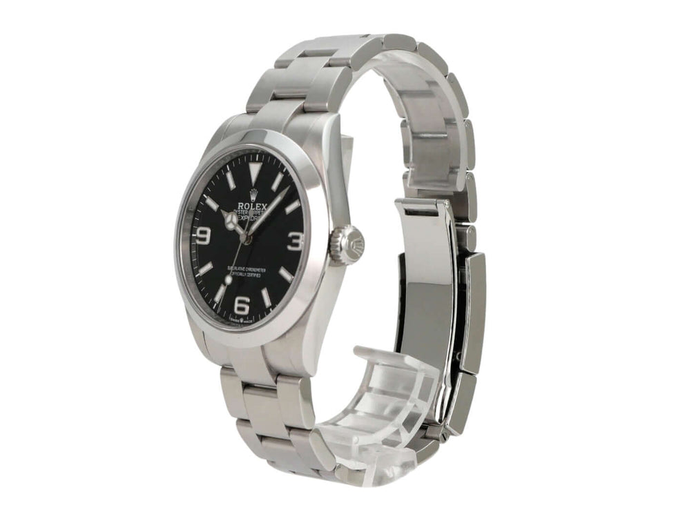 Rolex Explorer 40 Edelstahl 224270, schwarze Zifferblattansicht, Edelstahlarmband und Automatikwerk