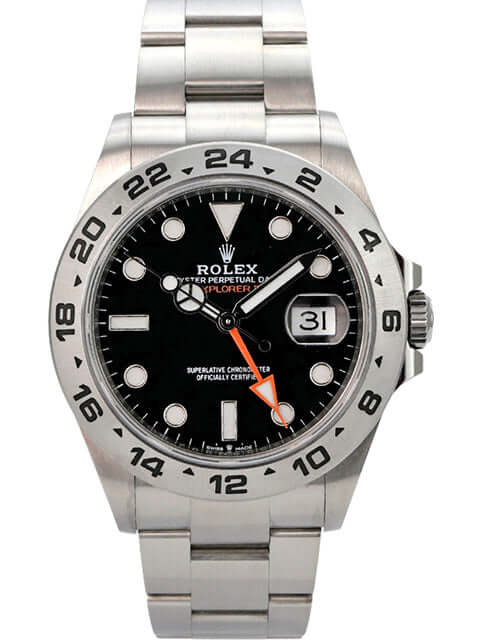 Rolex Explorer II 226570 Schwarz Armbanduhr mit schwarzem Zifferblatt und Edelstahlarmband.