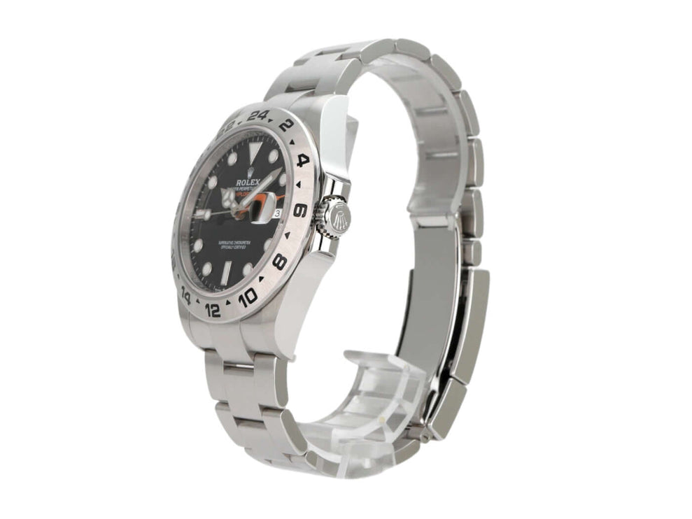 Rolex Explorer II 226570 Schwarz mit Edelstahlband und schwarzem Zifferblatt, seitliche Ansicht der Uhr.