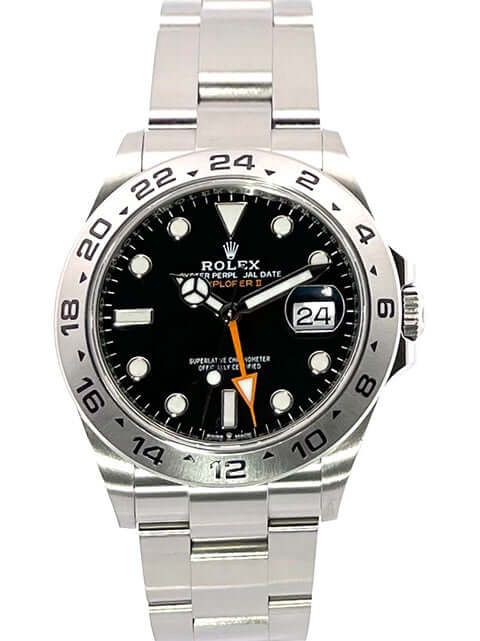Rolex Explorer II 226570 Edelstahl mit schwarzem Zifferblatt, 42 mm Gehäuse und 24 Stunden Skala Lünette.