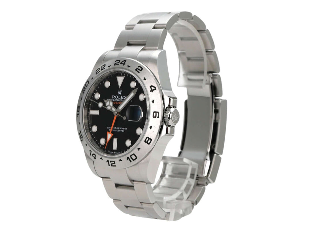 Rolex Explorer II 226570 Schwarz seitliche Ansicht mit schwarzem Zifferblatt und Edelstahlarmband