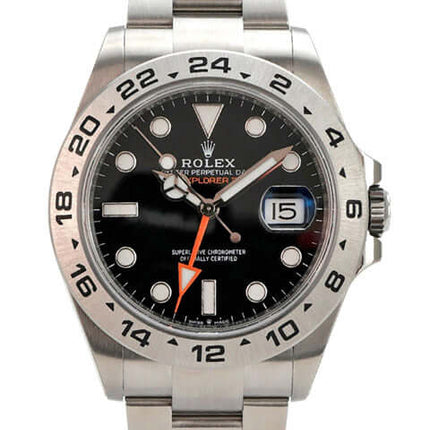 Rolex Explorer II 226570 Uhr mit schwarzem Zifferblatt und Edelstahlgehäuse, 42 mm Durchmesser.