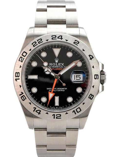 Rolex Explorer II 226570 Uhr mit schwarzem Zifferblatt und Edelstahlgehäuse, 42 mm Durchmesser.