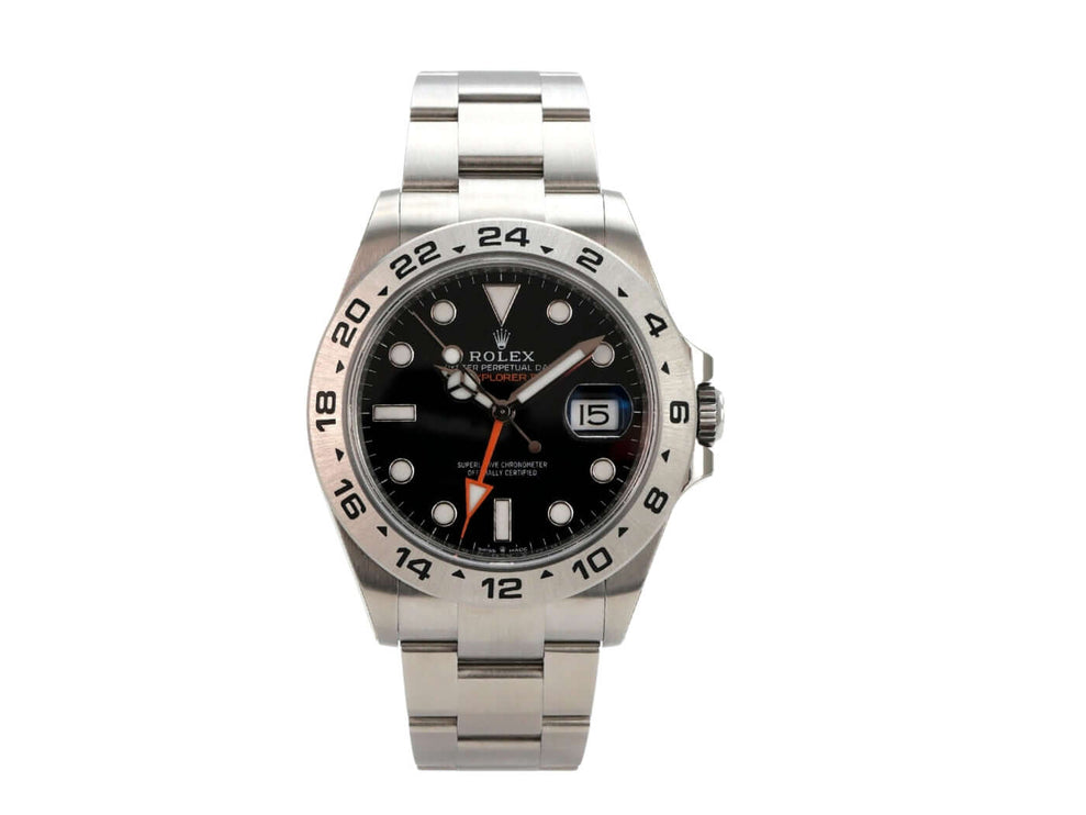 Rolex Explorer II 226570 Uhr mit schwarzem Zifferblatt, Edelstahl-Gehäuse und Oyster-Armband.