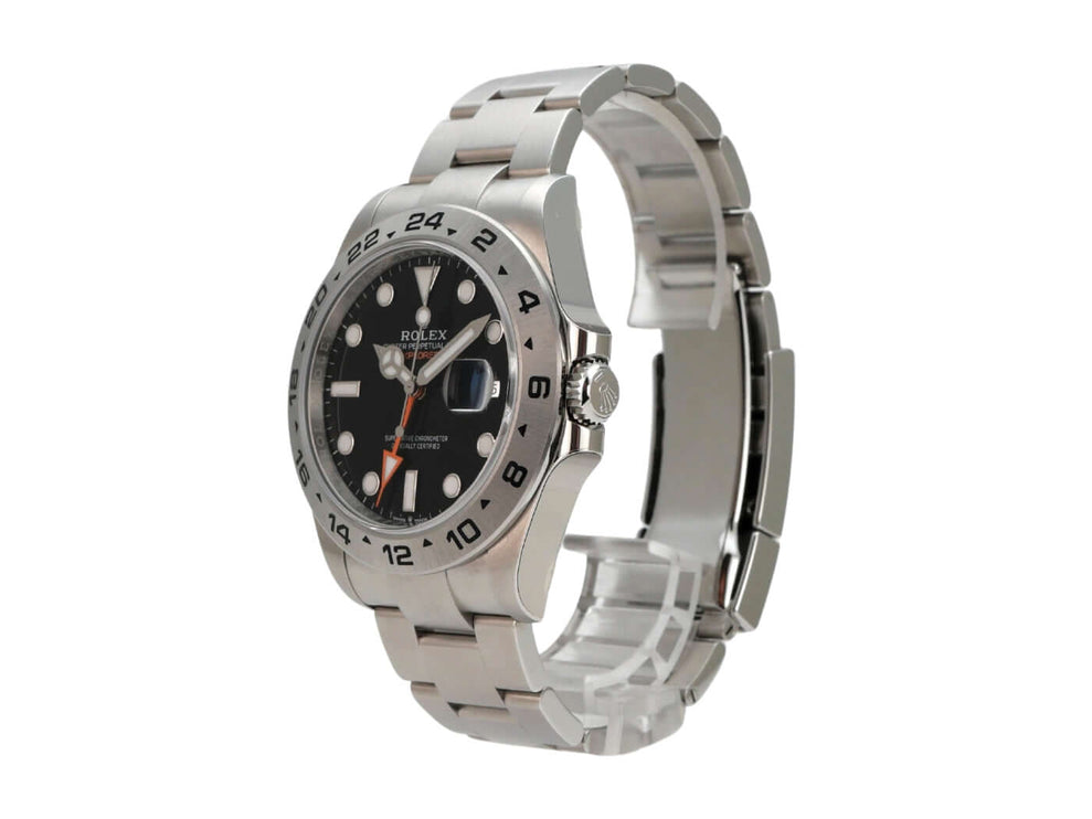 Rolex Explorer II 226570 mit schwarzem Zifferblatt und Edelstahlarmband, Automatikwerk, 42 mm Gehäuse.