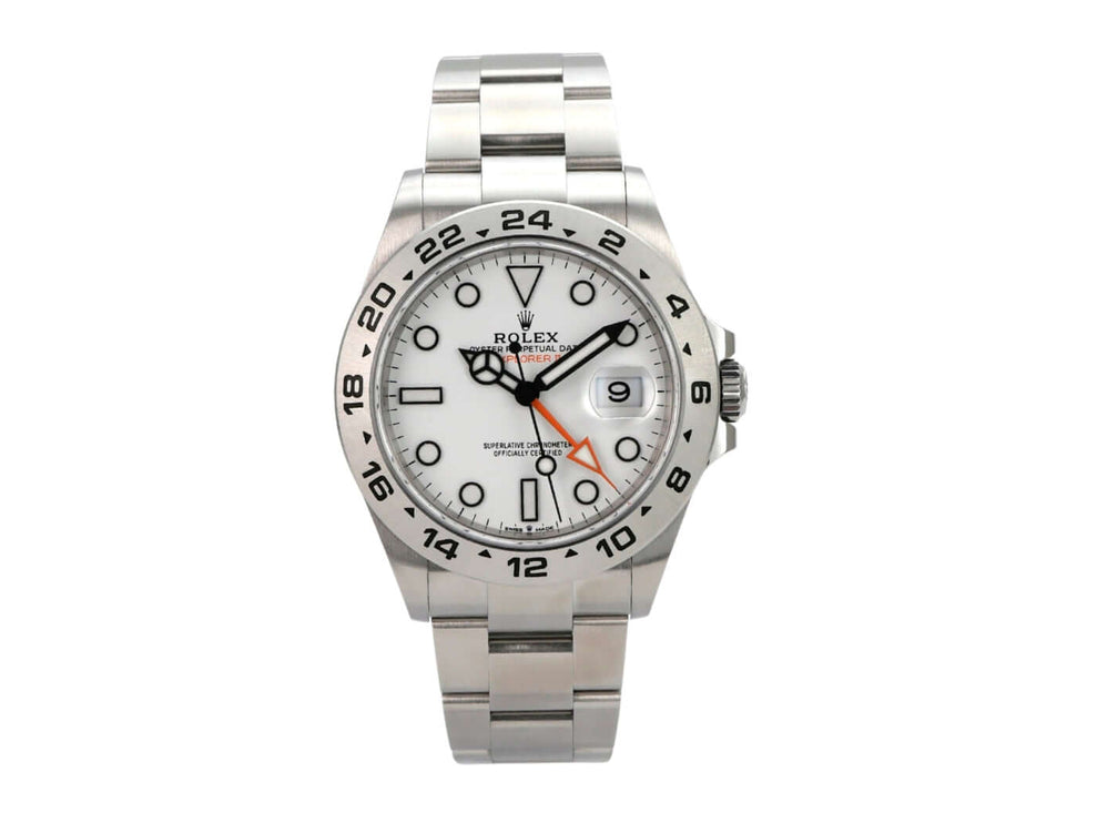 Rolex Explorer II 226570 Weiß mit poliertem Edelstahl und weißem Zifferblatt, aus 2022.