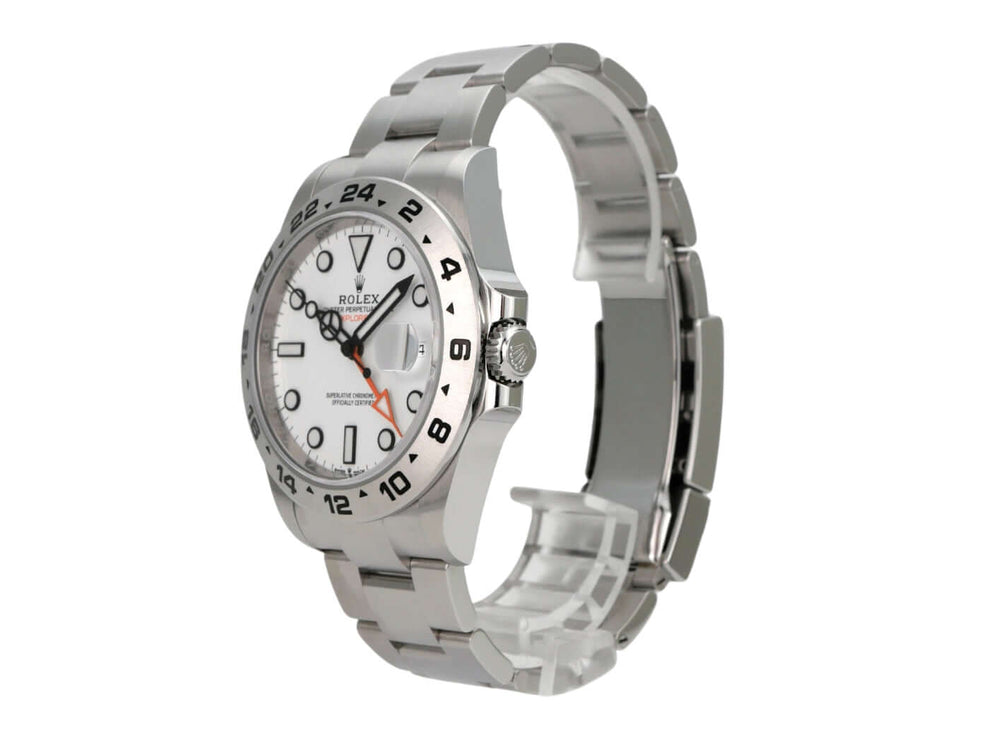 Rolex Explorer II 226570 Weiß Uhr mit Edelstahlarmband und weißem Zifferblatt, seitliche Ansicht