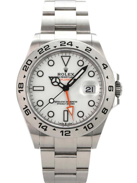 Rolex Explorer II 226570 Weiß mit weißem Zifferblatt und Edelstahlarmband, 42 mm Gehäusedurchmesser.