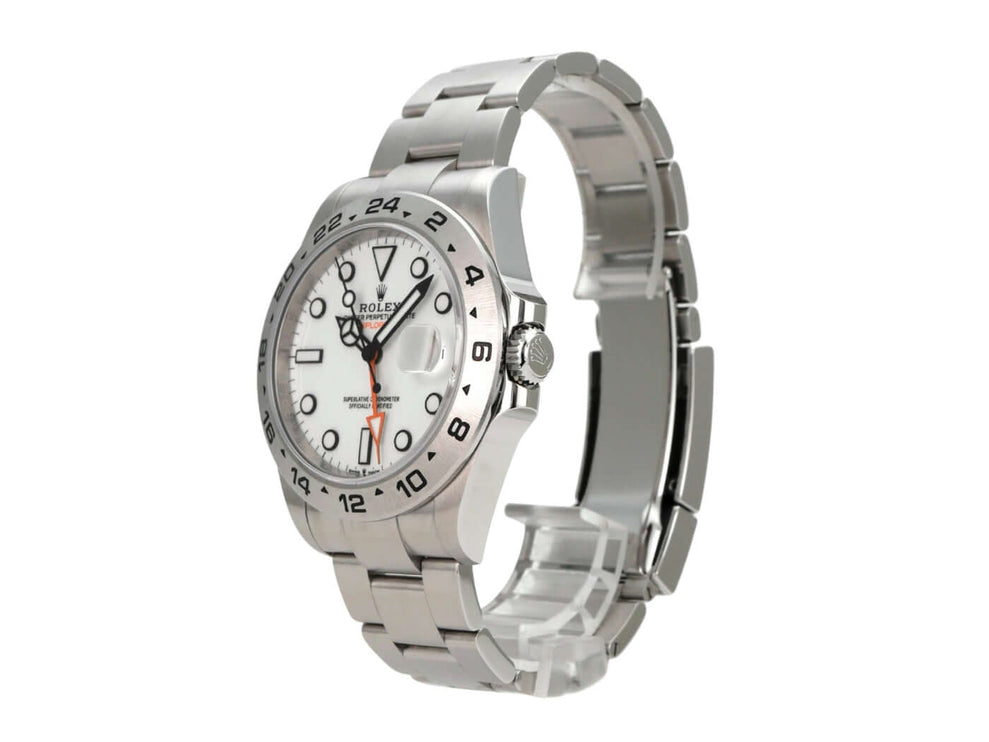 Rolex Explorer II 226570 Weiß am Edelstahlarmband mit weißem Zifferblatt und Leuchtindizes.