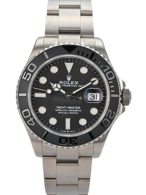 Rolex Yacht-Master 42 Titan 226627 auf Edelstahlarmband mit schwarzem Zifferblatt und Lünette.