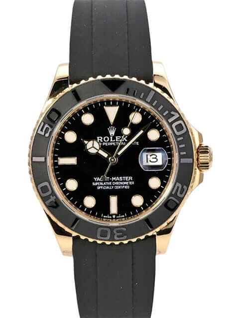 Rolex Yacht-Master 42 Gelbgold 226658 mit schwarzem Zifferblatt und Oyster Kautschukband.