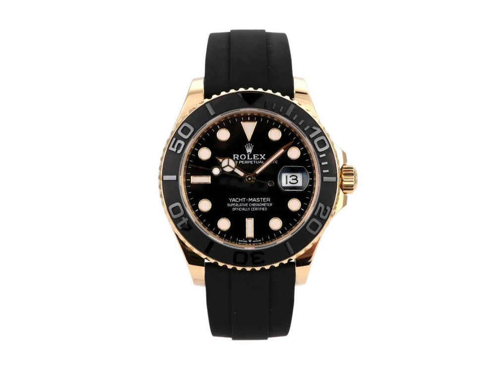 Rolex Yacht-Master 42 Gelbgold 226658, schwarze Uhr mit Kautschukband und goldener Lünette, sportliches Design