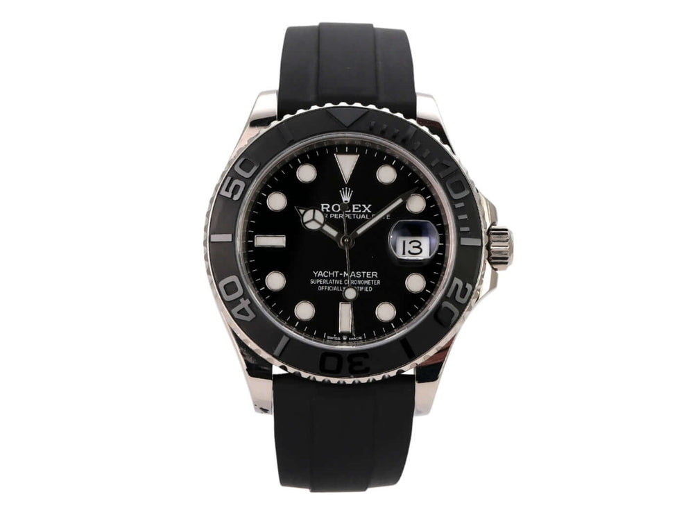 Rolex Yacht-Master 42 Weißgold 226659, schwarzes Zifferblatt, Oyster-Kautschukband, beidseitig drehbare Lünette