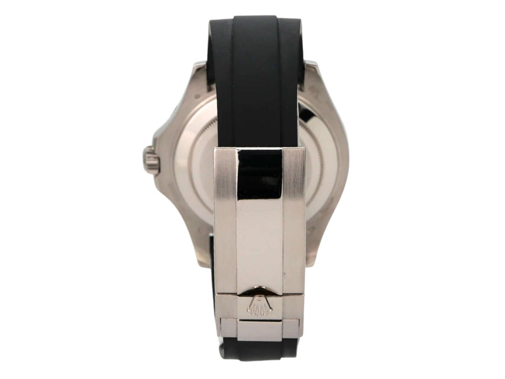 Rolex Yacht-Master 42 Weißgold 226659 Gehäuse und Oyster-Kautschukband von hinten, elegante Uhr.