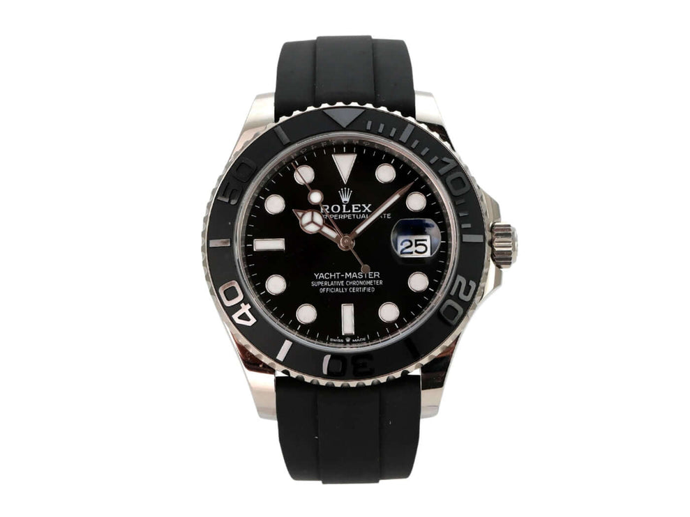 Rolex Yacht-Master 42 Weißgold 226659 mit schwarzem Zifferblatt, Oyster-Kautschukband und Keramiklünette