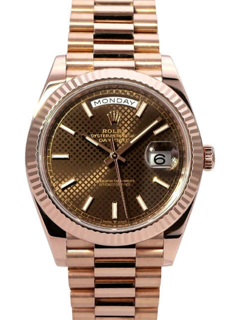 Rolex Day-Date 40 Everose-Gold 228235 Choco Index, 18 kt Everose-Gold mit braunem Zifferblatt und Präsident-Armband