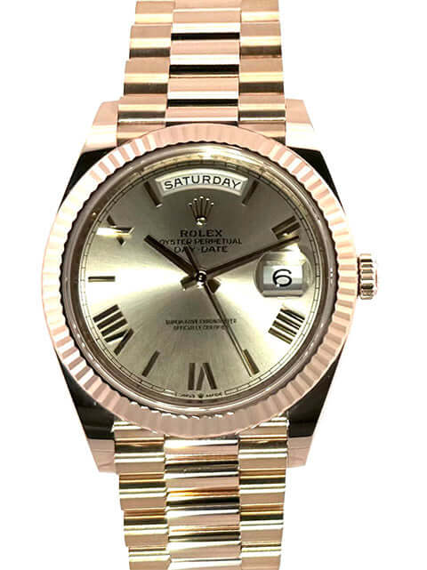 Rolex Day-Date 40 Everose-Gold 228235 Uhr mit Sundust Zifferblatt und römischen Ziffern, Präsident Armband, 18 kt Gold Gehäuse.