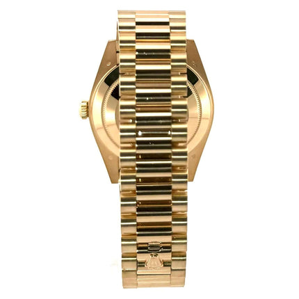 Rolex Day-Date 40 Gelbgold Ref. 228238, Rückansicht des 18 kt Gelbgold Präsident Armbands und Gehäuses aus dem Jahr 2019