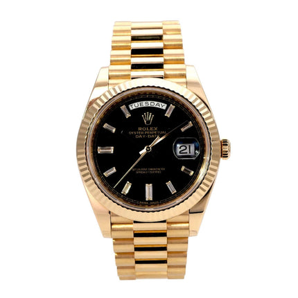 Rolex Day-Date 40 Gelbgold 228238 Schwarz Diamant mit schwarzem Zifferblatt und President-Armband