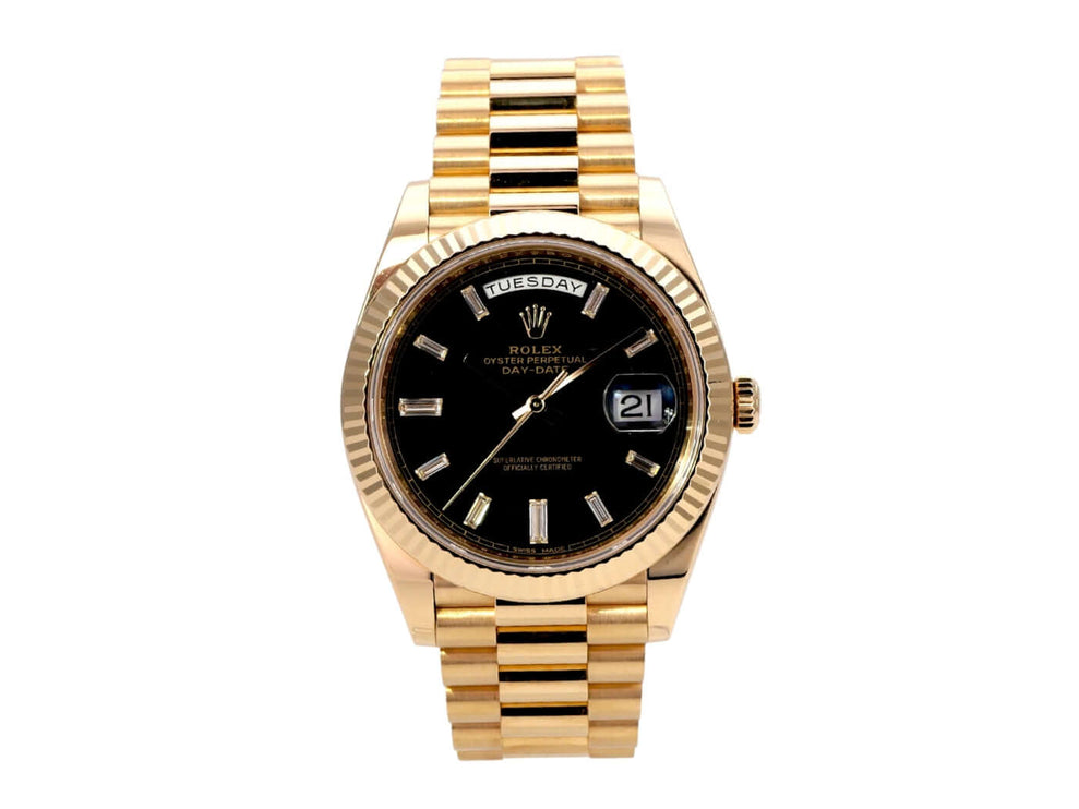 Rolex Day-Date 40 Gelbgold 228238 Schwarz Diamant mit schwarzem Zifferblatt und President-Armband
