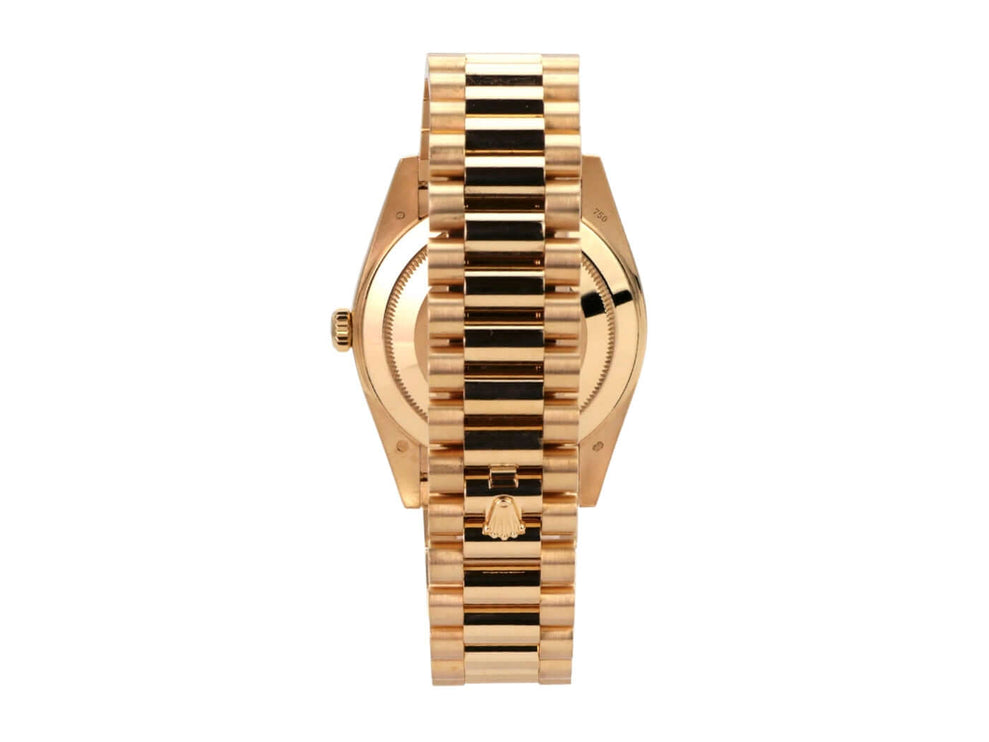 Rolex Day-Date 40 Gelbgold 228238 Silber Römisch Ansicht der Rückseite des Gehäuses und Armbands aus 18 kt Gelbgold.