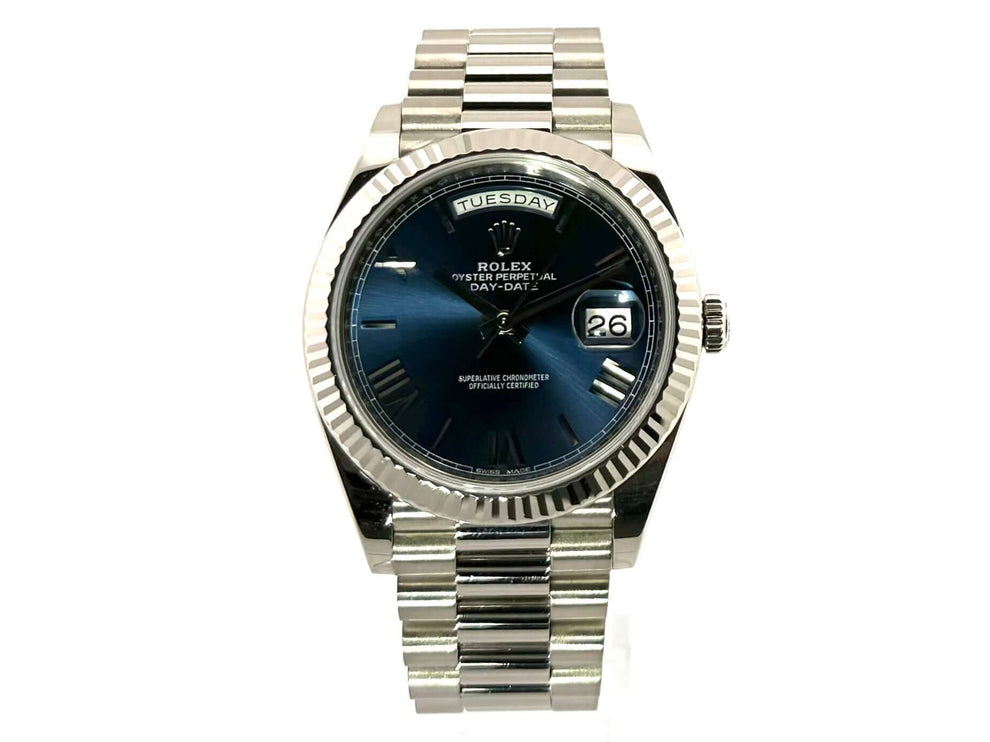 Rolex Day-Date 40 Weißgold 228239, blaues Zifferblatt, Präsident Armband, poliertes 18 kt Weißgold, Datum und Wochentag anzeigen