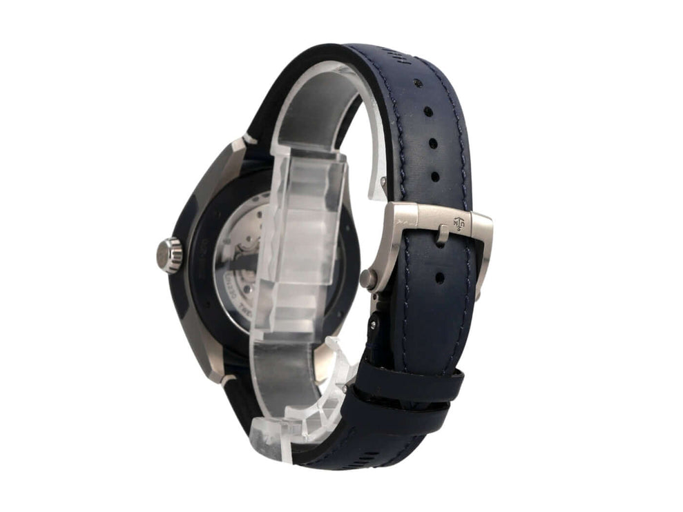 Ulysse Nardin Freak X Ti Blue 2303-270/03 seitliche Ansicht mit blauem Lederarmband und Titan-Gehäuse