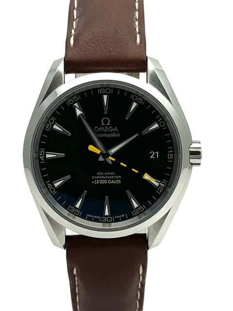Omega Seamaster Aqua Terra 15.000 Gauss 231.12.42.21.01.001, schwarzes Zifferblatt, braunes Lederarmband, 41,50 mm Edelstahlgehäuse, Automatik.