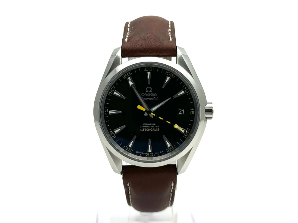 Omega Seamaster Aqua Terra 15.000 Gauss Armbanduhr, braunes Lederband, schwarzes Zifferblatt, Automatik, Edelstahlgehäuse, Antimagnetisch, Datumanzeige
