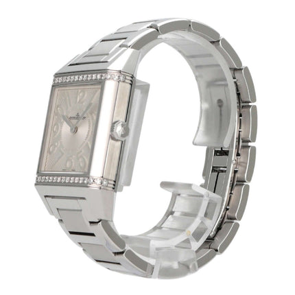 Jaeger-LeCoultre Reverso Squadra Lady Diamonds 234.8.47 Edelstahl Uhr mit Diamanten, silberfarbenem Zifferblatt.