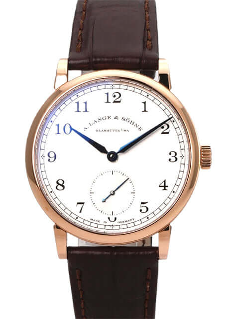 Hochwertige A. Lange & Söhne 1815 Armbanduhr in Rotgold mit braunem Alligatorlederarmband und weißem Zifferblatt.