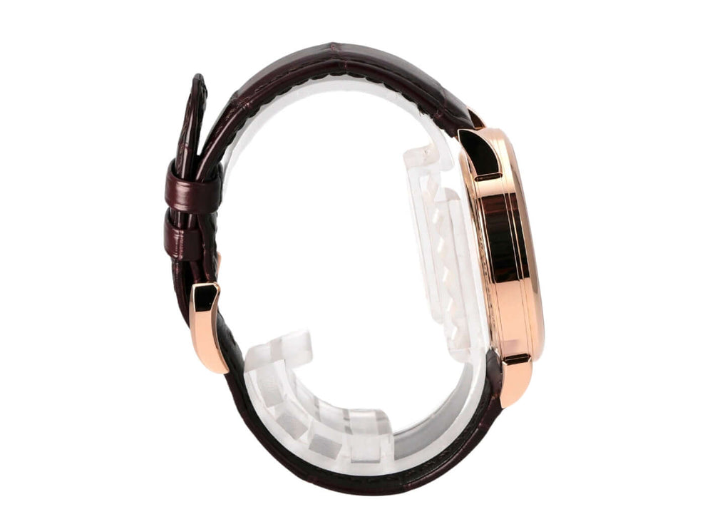 A. Lange & Söhne 1815 Rotgold 235.032 seitliche Ansicht des Uhrengehäuses und braunen Alligatorlederbands.