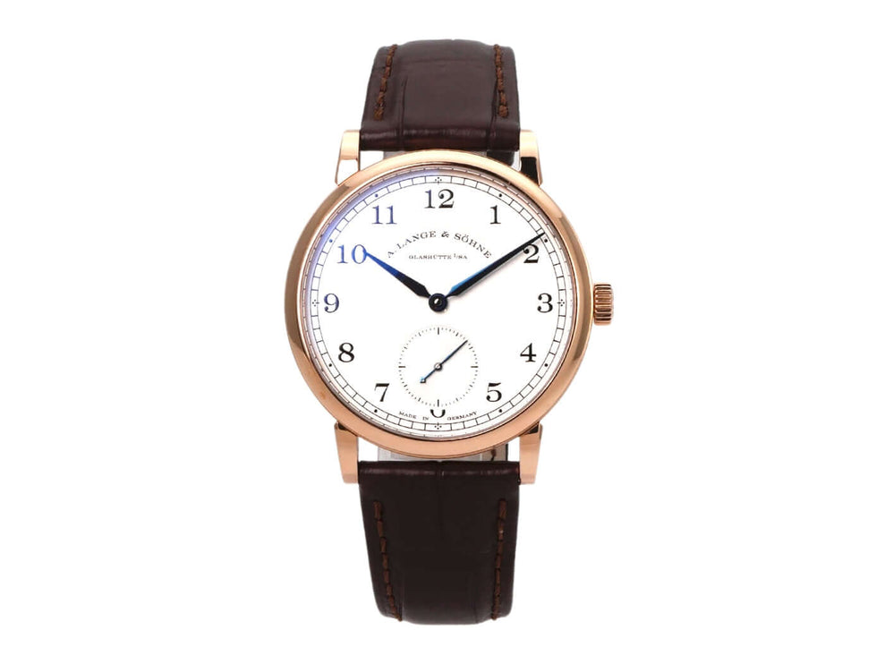 A. Lange & Söhne 1815 Rotgold Uhr mit braunem Alligatorlederarmband und weißem Zifferblatt, Luxusarmbanduhr in 18 kt Rotgold.