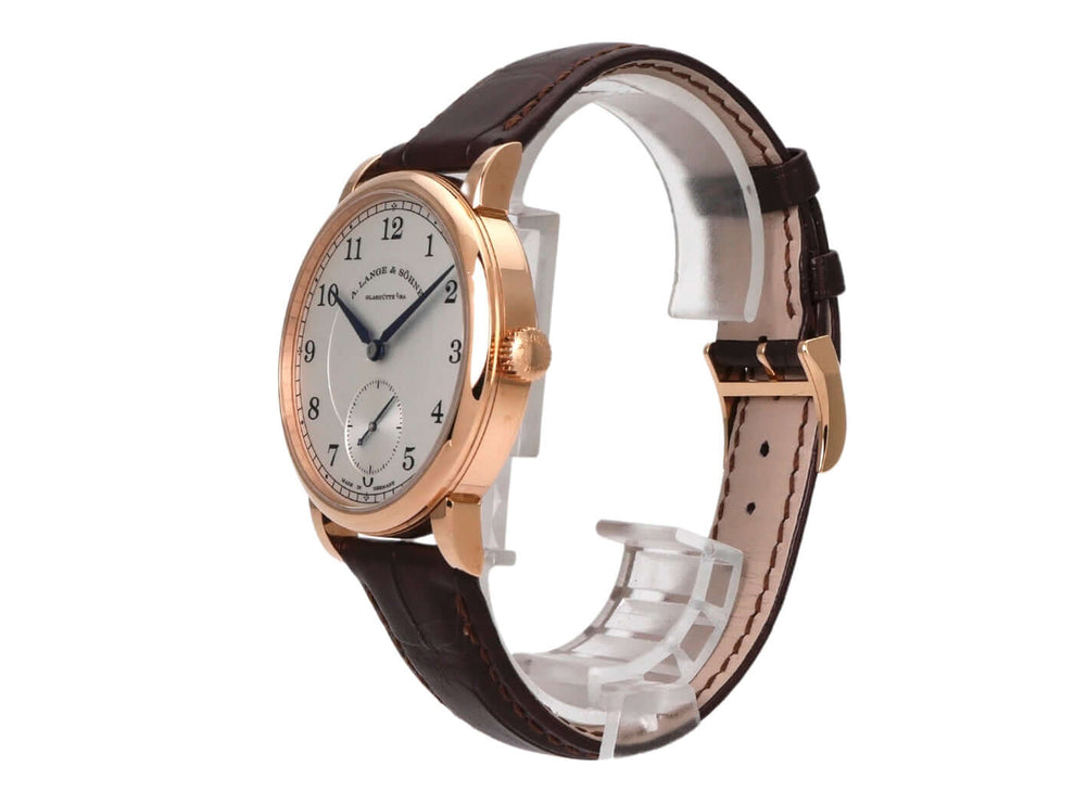 Luxuriöse A. Lange & Söhne 1815 Rotgold Uhr mit braunem Alligatorlederarmband und silbernem Zifferblatt, Seitenansicht.