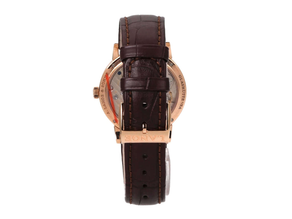 A. Lange & Söhne 1815 Uhr mit braunem Alligatorlederarmband und Rotgoldschließe, Rückansicht.