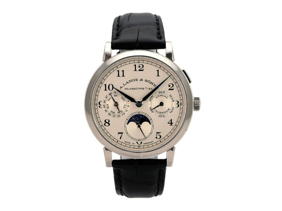 A. Lange & Söhne 1815 Jahreskalender 238.026, Weißgold-Uhr mit schwarzem Alligatorlederband und Mondphasenanzeige.