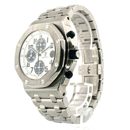 Audemars Piguet Royal Oak Offshore 26020ST.OO.D020IN.01.A Edelstahl-Armbanduhr, weißes Zifferblatt mit blauen arabischen Ziffern, Schweizer Automatikwerk